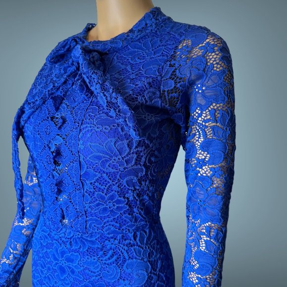 Carol Catugy Full Lace Bodycon Dress Medium Blue Backless Bow High Neck Stretch - Picture 8 of 15